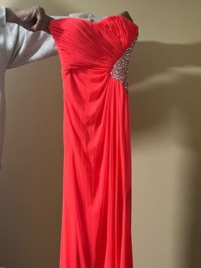 Morgan & Co. Strapless Coral-Red Gown with Crystal Side Accent